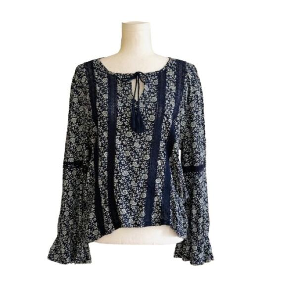 Lucky Brand Navy White Floral Long Ruffled Sleeve Tassel Peasant Top Large NEW - Picture 1 of 12
